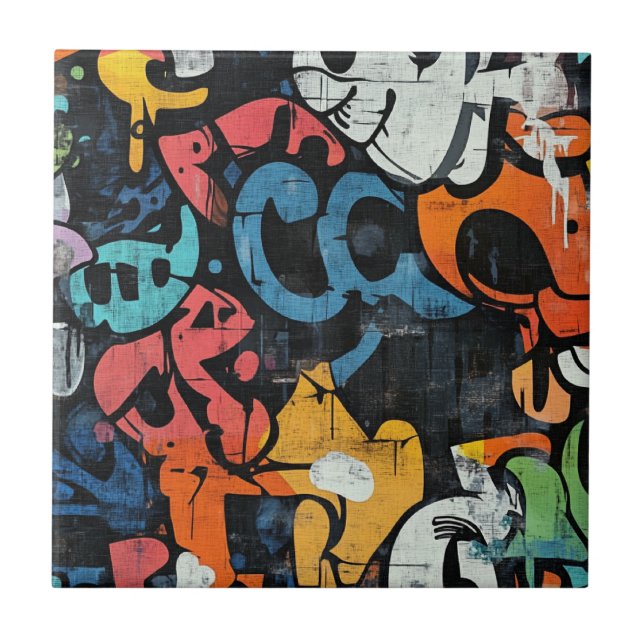 Contemporary Graffiti Abstract Pink Blue Black Tile (Front)