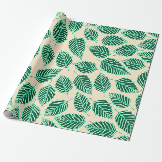 Contemporary Green Birch Leaves Pattern Wrapping Paper (Unrolled)