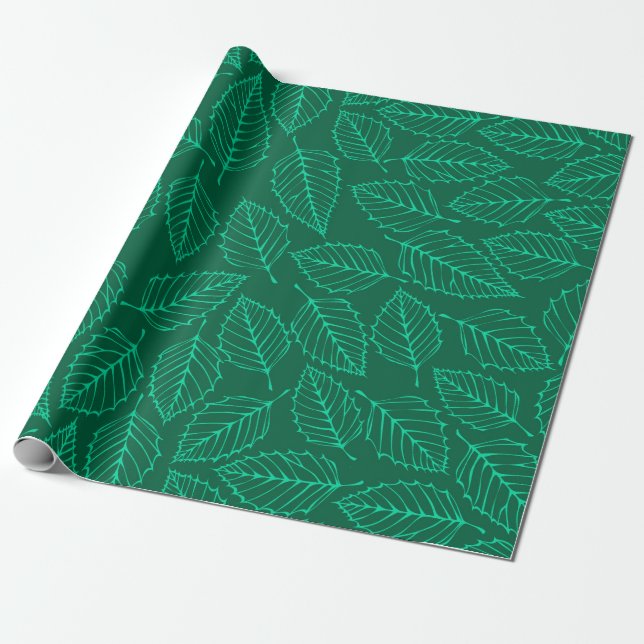 Contemporary Green Birch Leaves Pattern Wrapping Paper (Unrolled)