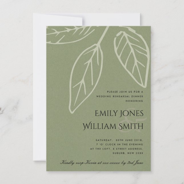 CONTEMPORARY GREEN KRAFT LEAVES REHEARSAL DINNER INVITATION (Front)