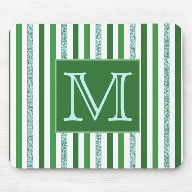 Contemporary Green Silver Glitter Stripes Monogram Mouse Mat (Front)