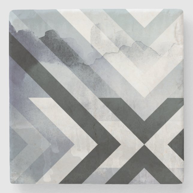 Contemporary Grey Black Distressed Geometric Stone Coaster (Front)