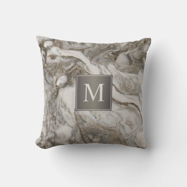 Contemporary Grey Marble Pattern with Monogram Cushion (Front)