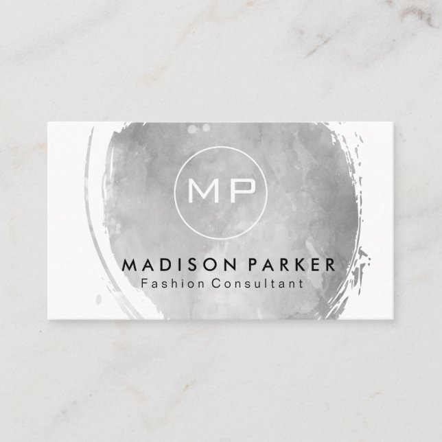 Contemporary Grey Watercolor Brushed with Monogram Business Card (Front)