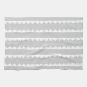 Contemporary Grey White Lace Stripes Pattern Tea Towel