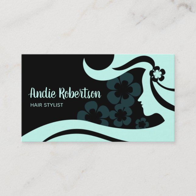 Contemporary Hair Stylist Teal and Black Business Card (Front)