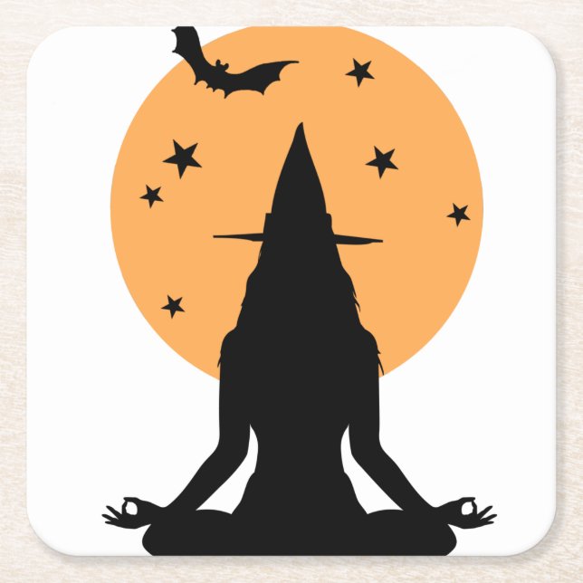 Contemporary Halloween yoga Witch Square Paper Coaster (Front)