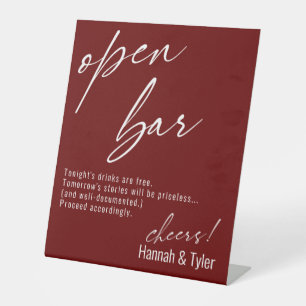 Contemporary Handwriting Funny Burgundy Open Bar Pedestal Sign