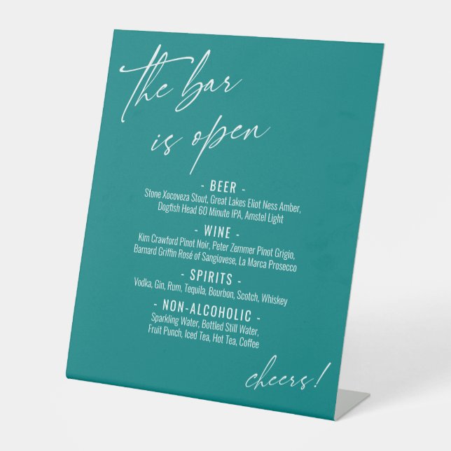 Contemporary Handwriting Teal Open Bar Menu Pedestal Sign (Front)