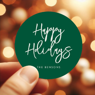 Contemporary Happy Holidays Green Classic Round Sticker