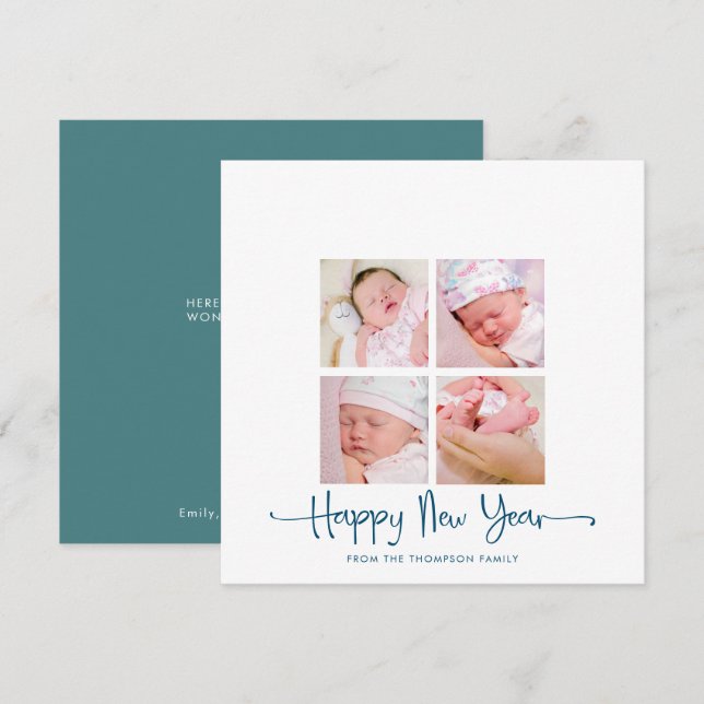Contemporary Happy New year 4 photo Turquoise Holiday Card (Front/Back)