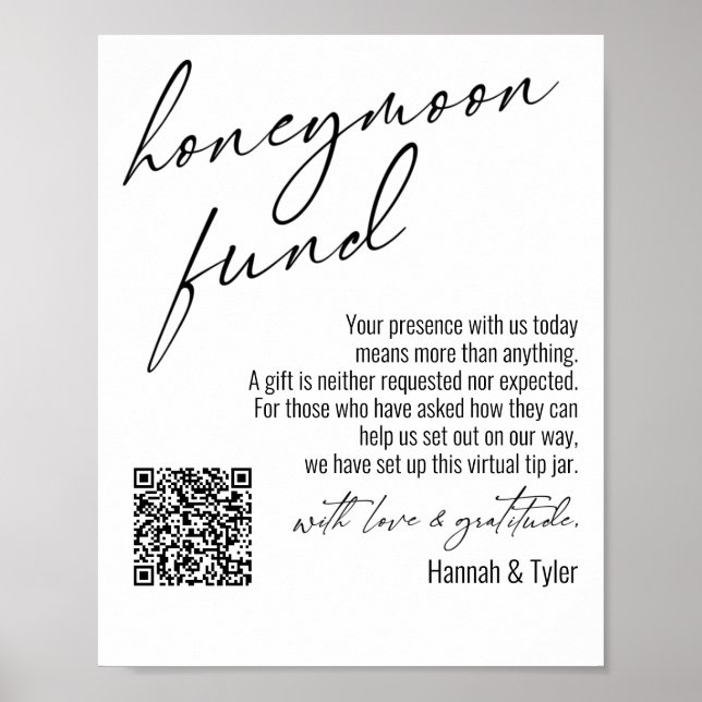 Contemporary Honeymoon Fund QR Code Simple Sign (Front)