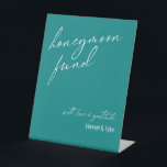 Contemporary Honeymoon Fund QR Code Teal Pedestal Sign<br><div class="desc">This collection features an elegant, modern, handwritten font to create key words and phrases. In this piece, the graphic typography overlays read "honeymoon fund" in the large header area and "with love & gratitude" near the bottom. Use the template field to update your names. Feel free to change the background...</div>