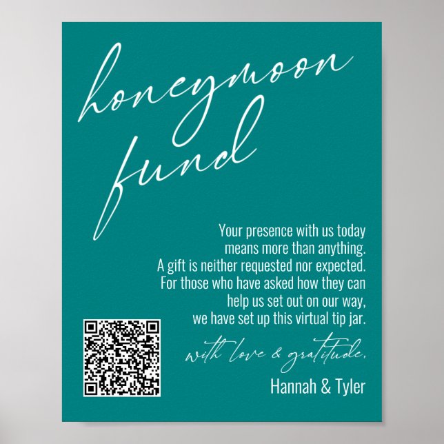 Contemporary Honeymoon Fund QR Code Teal Sign (Front)