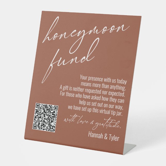 Contemporary Honeymoon Fund QR Code Terracotta Pedestal Sign (Front)