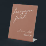 Contemporary Honeymoon Fund QR Code Terracotta Pedestal Sign<br><div class="desc">This collection features an elegant, modern, handwritten font to create key words and phrases. In this piece, the graphic typography overlays read "honeymoon fund" in the large header area and "with love & gratitude" near the bottom. Use the template field to update your names. Feel free to change the background...</div>