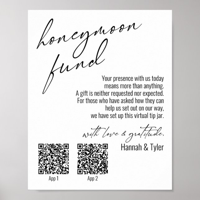 Contemporary Honeymoon Fund QR Codes Simple Sign (Front)