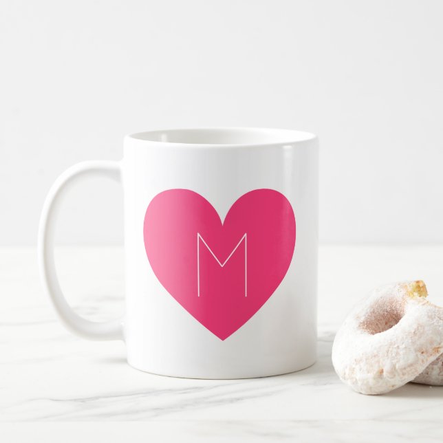 Contemporary Hot Pink Heart Monogram Mug (With Donut)
