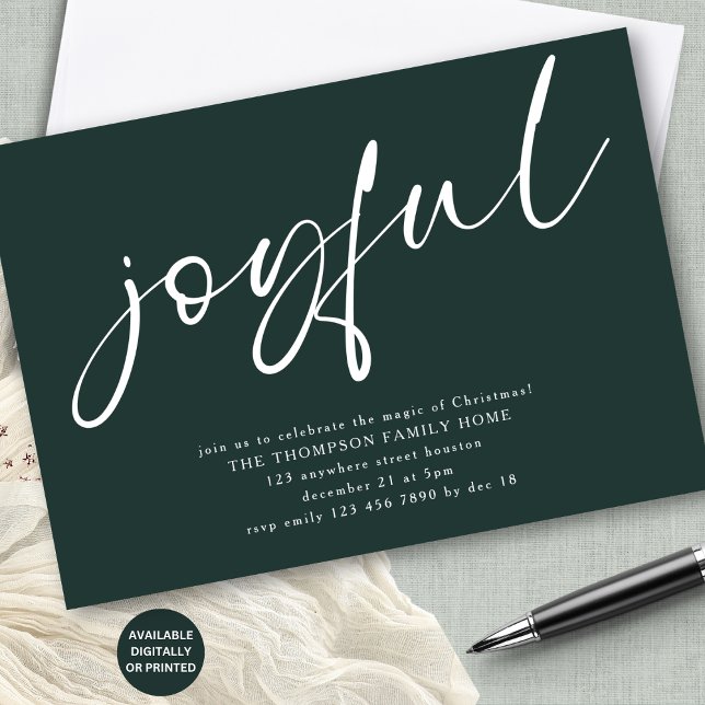 Contemporary Joyful Script Christmas Party Green Invitation (Available digitally or prnted. Plain on the back in matching green or any color of your choice!)