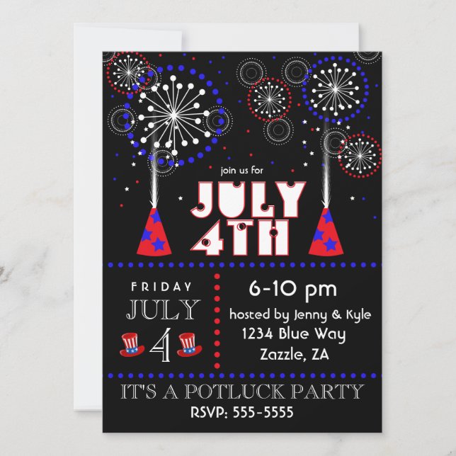 Contemporary July 4th Fireworks Party Invitations (Front)