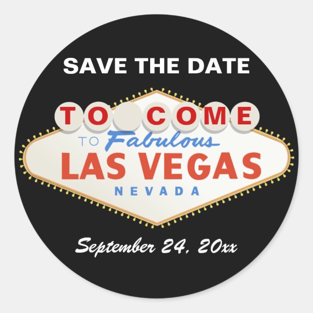 Contemporary Las Vegas sign wedding Save the Date Classic Round Sticker (Front)