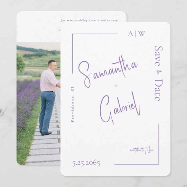 Contemporary Lavender Photo Wedding Save the Date  (Front/Back)