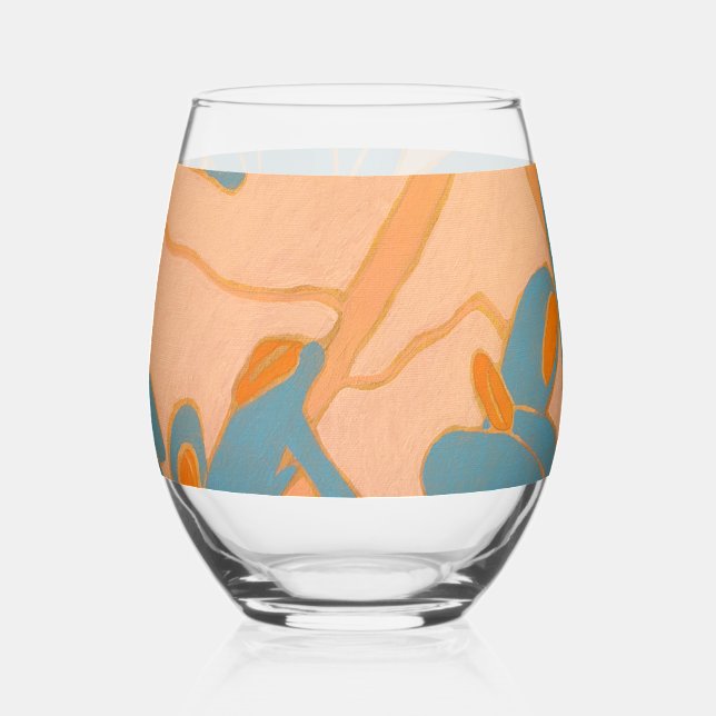 Contemporary Leaf Design in Peach  Stemless Wine Glass (Front)