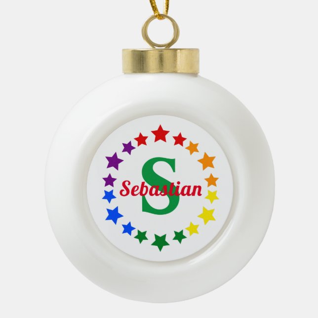 Contemporary LGBT Gay Pride Stars Monogram & Name  Ceramic Ball Christmas Ornament (Front)