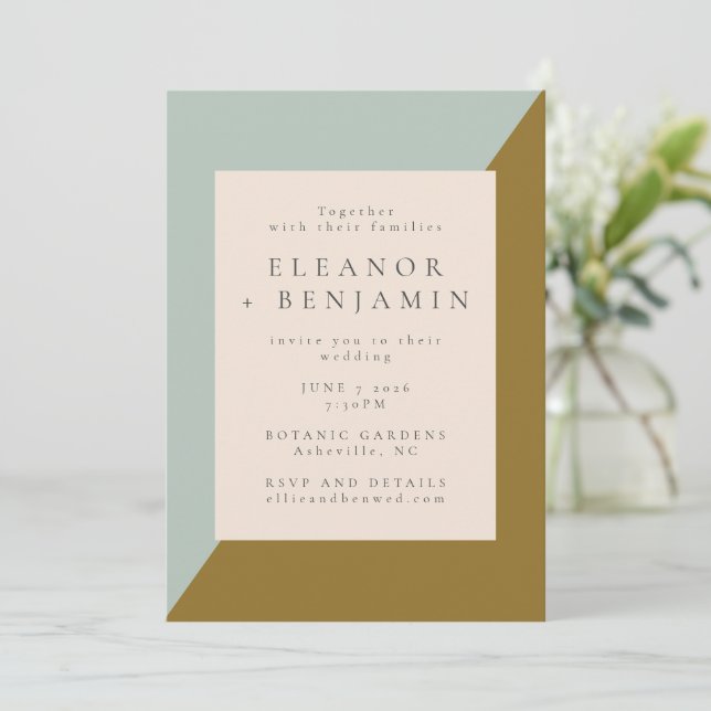 Contemporary Light Blue Mustard Olive RSVP Wedding Invitation (Standing Front)