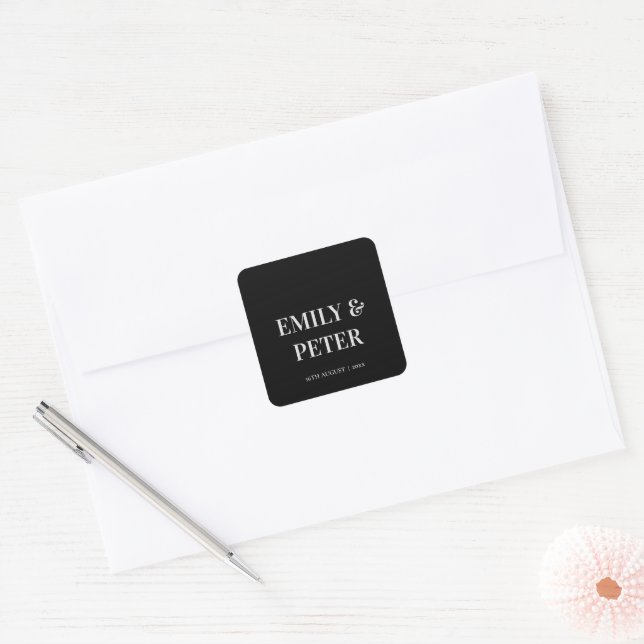 Contemporary Minimalist Black White Wedding  Square Sticker (Envelope)