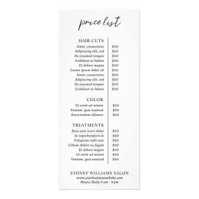 Contemporary Minimalist Modern Price List Rack Card (Front)