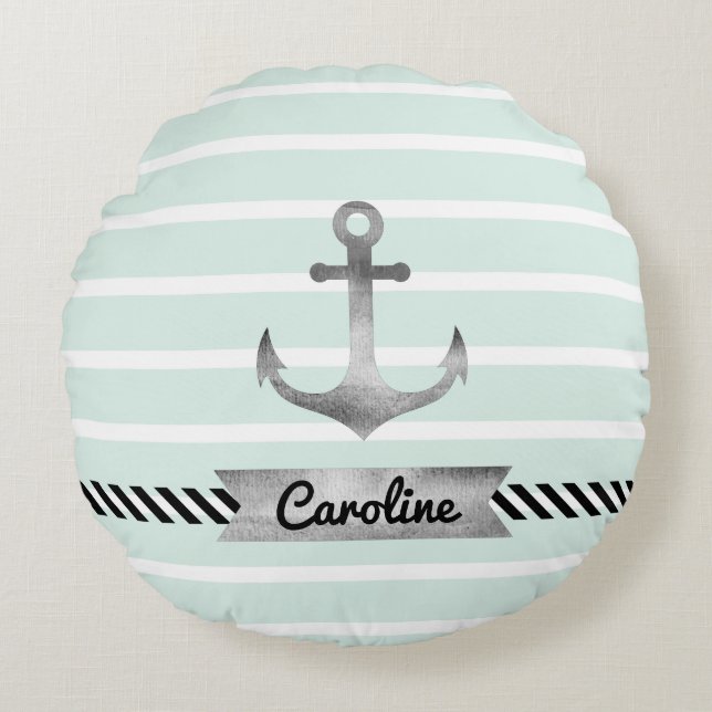 Contemporary Mint Stripes Anchor Personalised Round Cushion (Front)