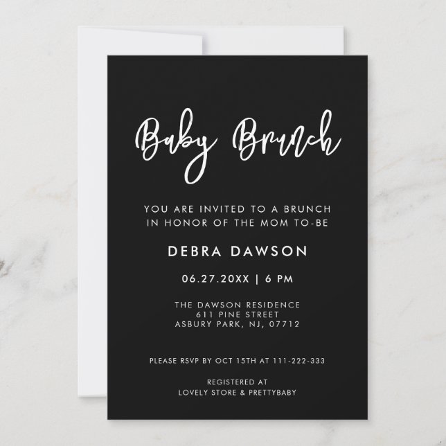 Contemporary modern black Baby Brunch Invitation (Front)