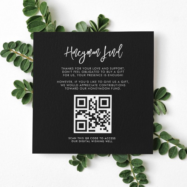 Contemporary modern black Honeymoon fund QR code Enclosure Card (Creator Uploaded)