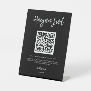 Contemporary modern black Honeymoon fund QR code Pedestal Sign