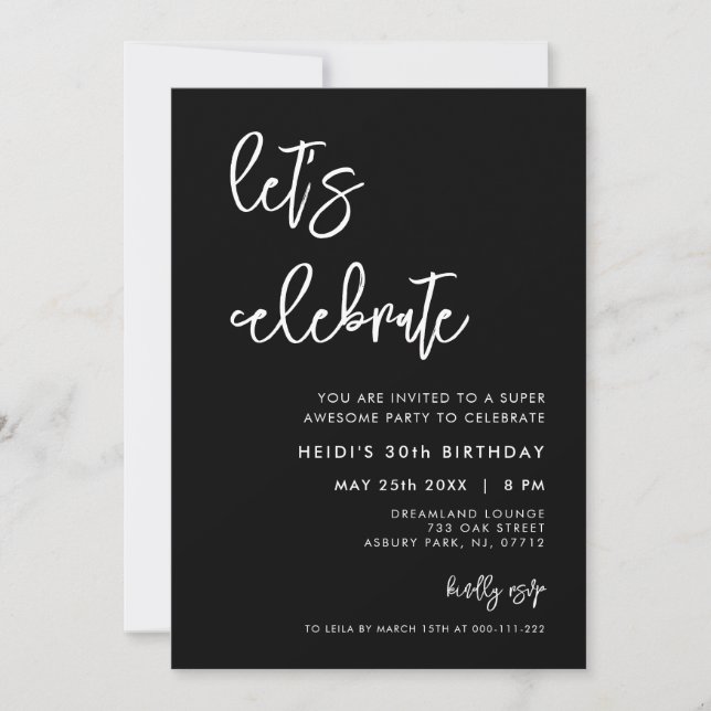 Contemporary modern black Let's celebrate Invitation (Front)