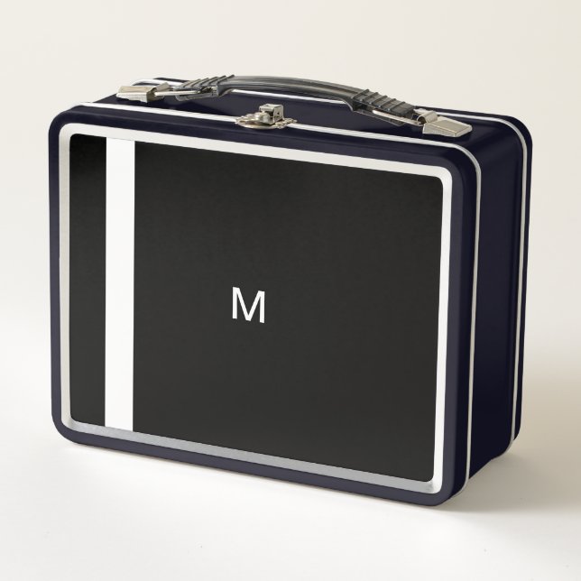 Contemporary Modern Black Minimalist Monogrammed Metal Lunch Box (Front)