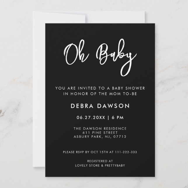 Contemporary modern black Oh Baby Invitation (Front)