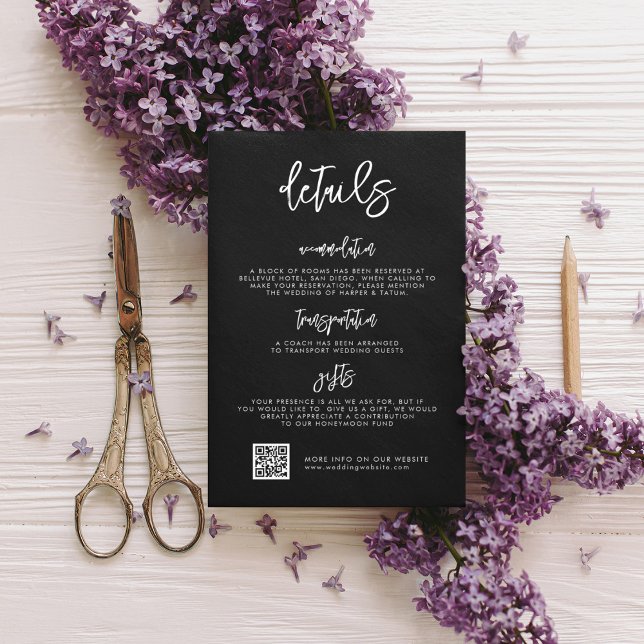 Contemporary modern black wedding details QR code Enclosure Card (Creator Uploaded)