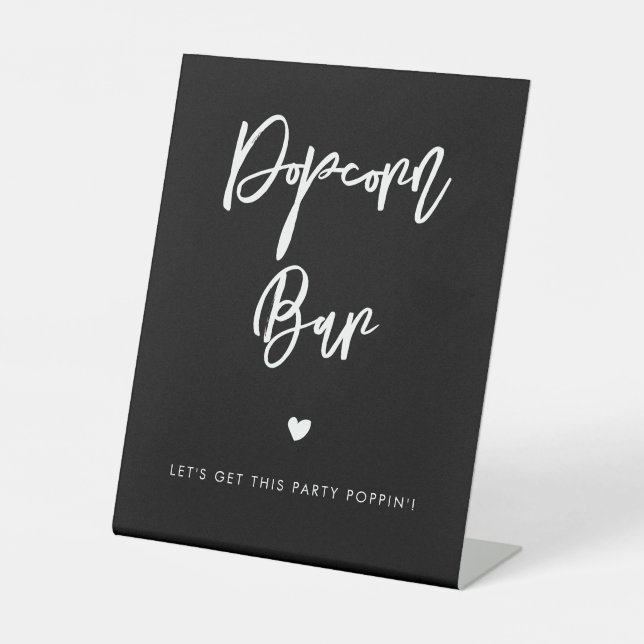 Contemporary modern black wedding Popcorn bar Pedestal Sign (Front)