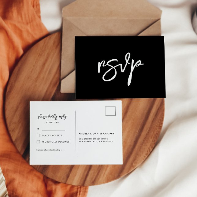 Contemporary modern black wedding RSVP Postcard (Creator Uploaded)