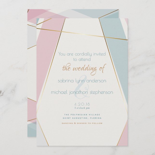 Contemporary Modern Geometric Stripes Teal Rose Invitation (Front/Back)