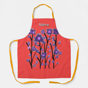 CONTEMPORARY MODERN PURPLE BLOSSOMS ON RED APRON