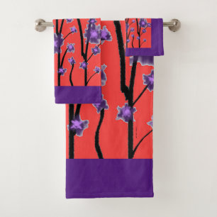 CONTEMPORARY MODERN PURPLE BLOSSOMS ON RED BATH TOWEL SET