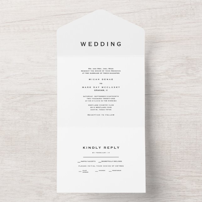 Contemporary Modern Simple White Wedding  All In One Invitation (Inside)