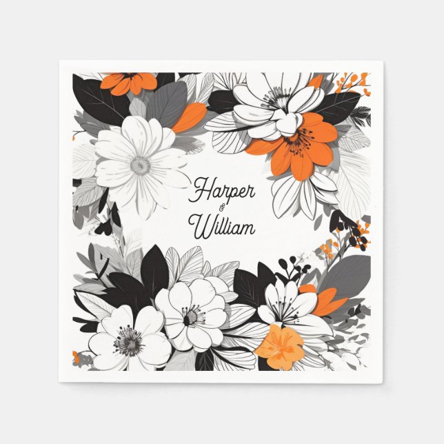 Contemporary monochrome orange flowers wedding napkin (Front)