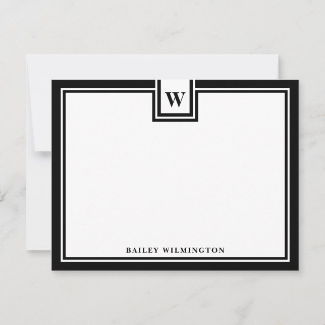 Contemporary Monogram Black Border Stationery Card (Front)