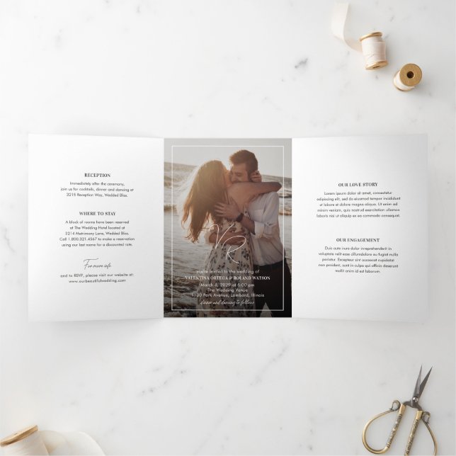 Contemporary Monogram Photo Modern Wedding Tri-Fold Invitation (Inside)
