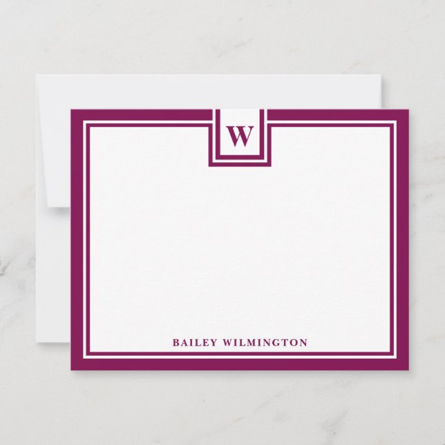 Contemporary Monogram Wine Red Border Stationery Card (Front)