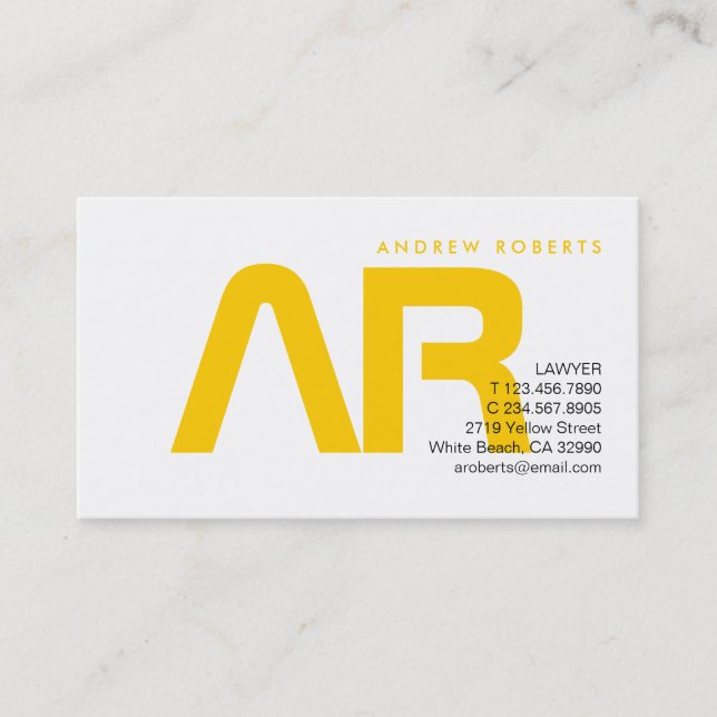 Contemporary Monogram Yellow White Business Card (Front)